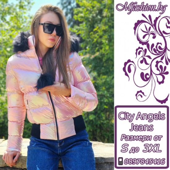 Дамско пухено яке с качулка, City Angels Jeans, Бледорозов лак, 6814